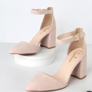 Lulu’s Ellarose Light Nude Suede Ankle Strap Heels